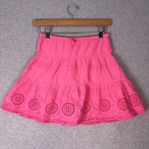 Mini Boden Skirt Girls 5/6 Pink Cotton Eyelet Tiered Ruffle Hem Drawstring Waist